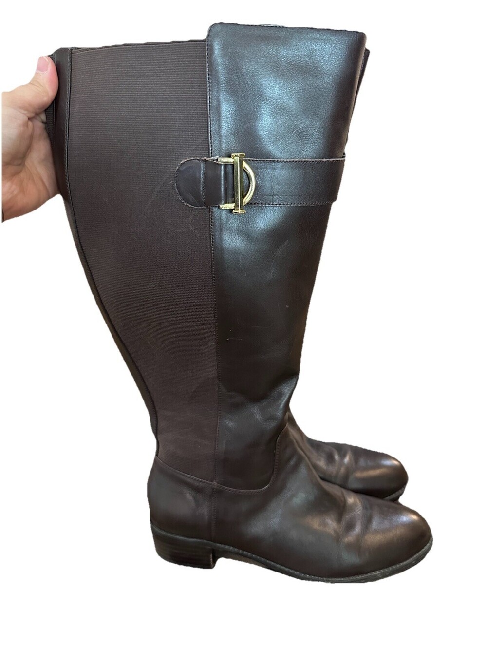 Isaac Mizrahi Live! Women's Brown Leather Riding Boots Gold Buckle Size 9.5M